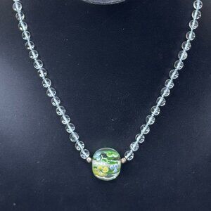 Double Knotted Clear Glass Bead Necklace Lampwork Large Floral Pendant Sterling